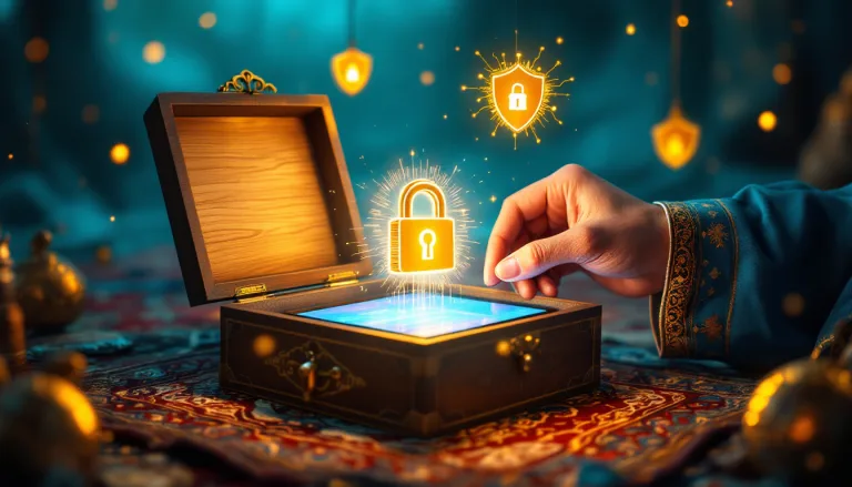 دستی در حال لمس قفل دیجیتال شناور بالای جعبه‌ای چوبی