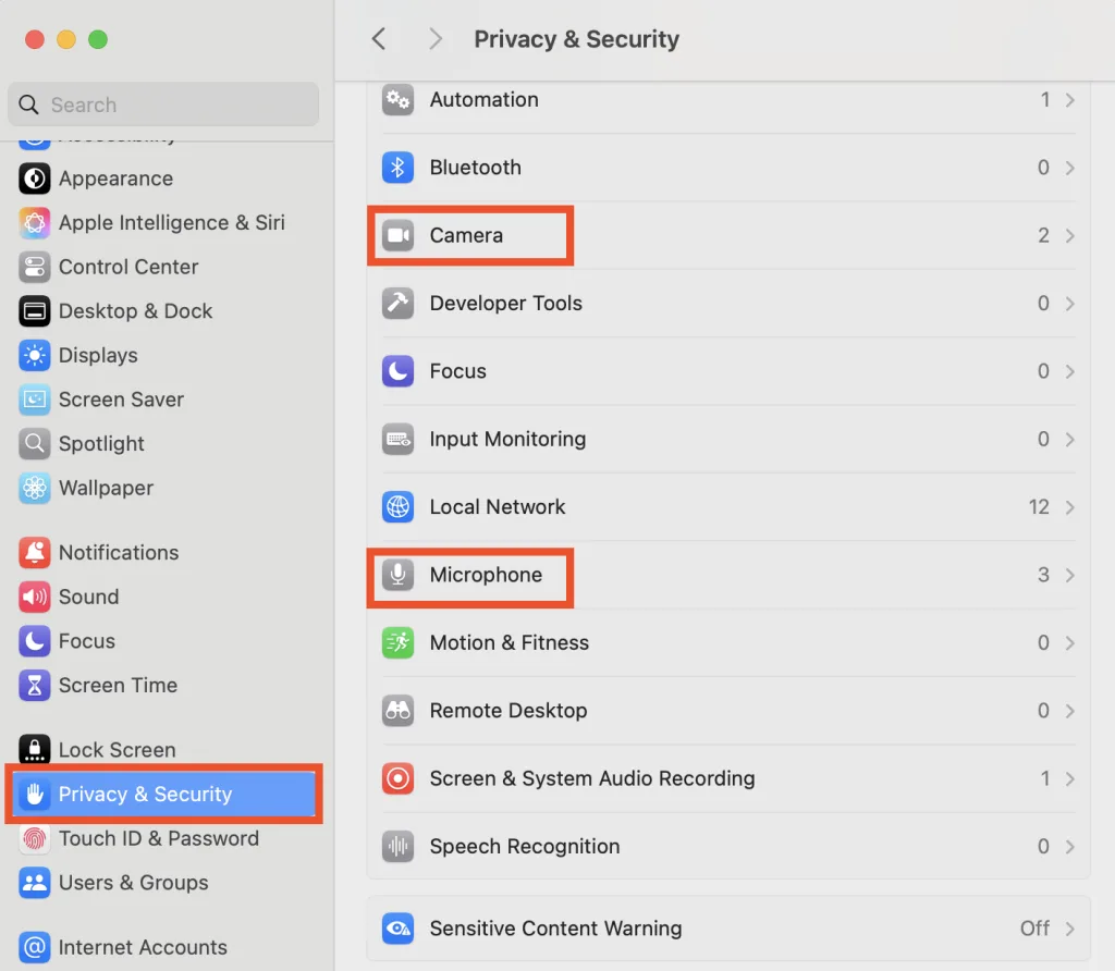 گزینه Privacy & Security