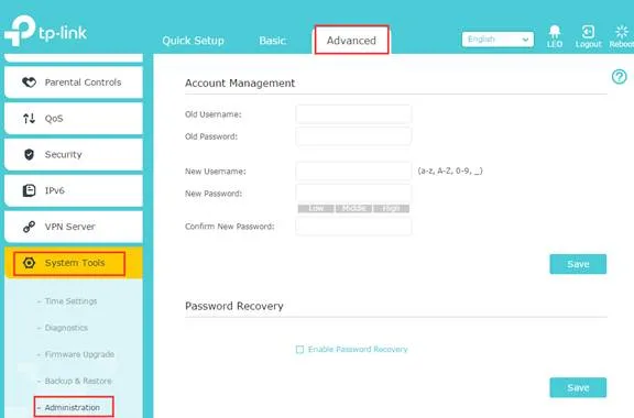 منوی Administration و گزینه Advaced برای مودم های TP-Link