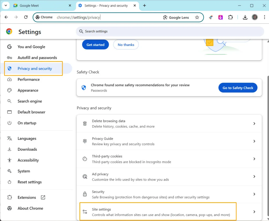 Site settings
در منوی سمت چپ وارد بخش Privacy and security