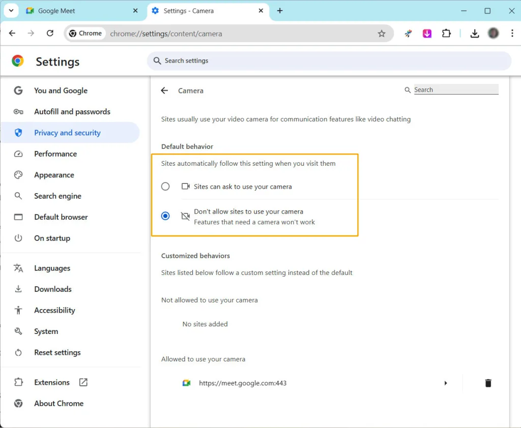 Site settings در
بخش Privacy and security
