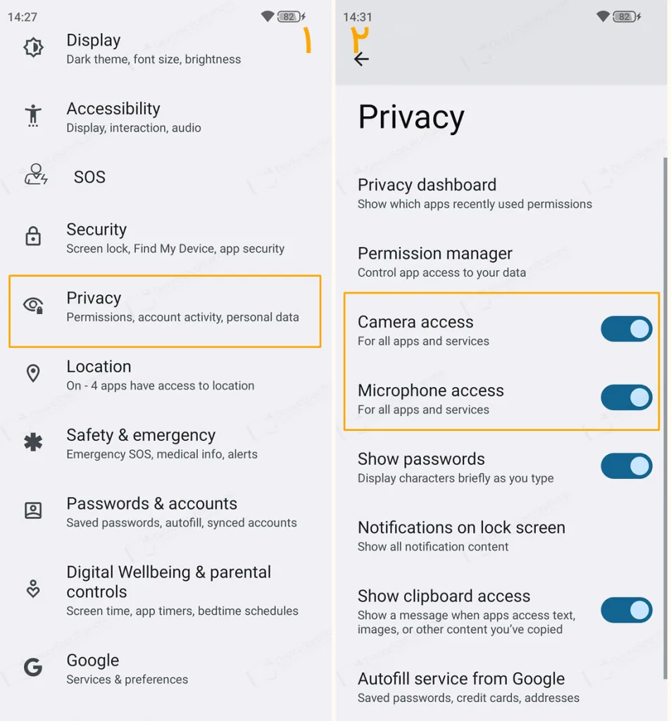 گزینههای «دسترسی به دوربین» (Camera Access) و «دسترسی به میکروفون» (Microphone Access)
در
در تنظیمات گوشی اندرویدی در بخش «حریم خصوصی» (Privacy)