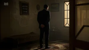 مردی که به تنهایی در اتاق ایستاده و رو به پنجره سرش را پایین انداخته و روی دیوار کنارش قابی است که رویش نوشته شده: نوشدارویی نیست که نیست