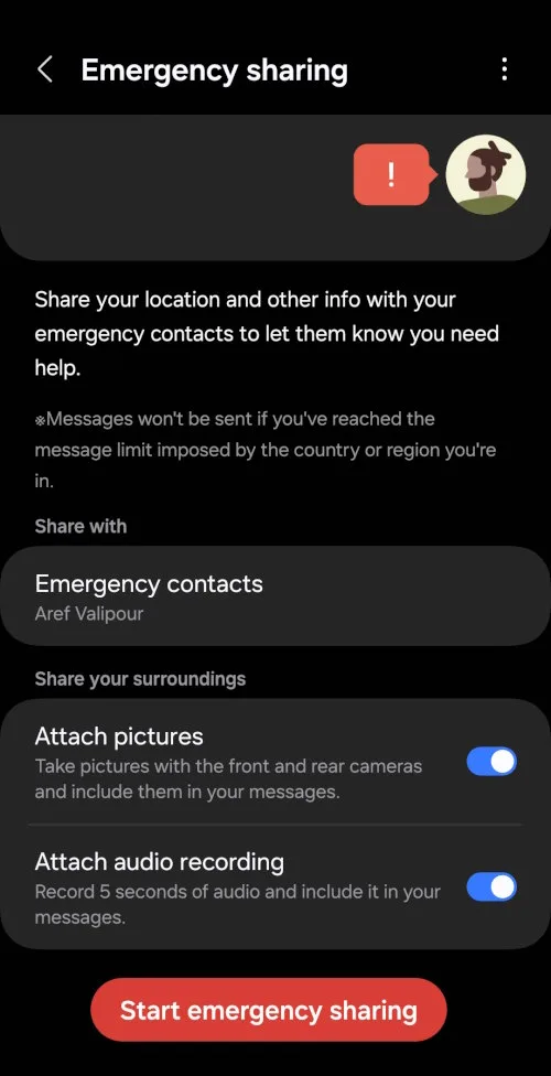 بخش Emergency Contacts در Emergency Sharing