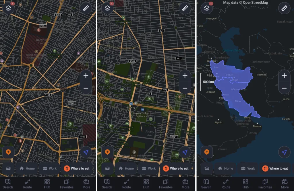 دسترسی آفلاین با نمایش رنگ بنفش در Maps.me