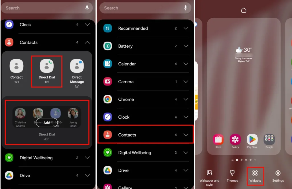 گزینه widgets جهت راه اندازی تماس سریع روی موبایل سامسونگ