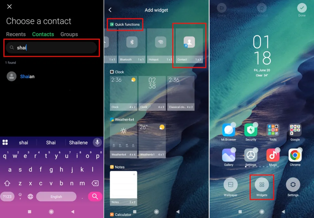 گزینه Widgets راهاندازی ویجت تماس سریع روی موبایل شیائومی