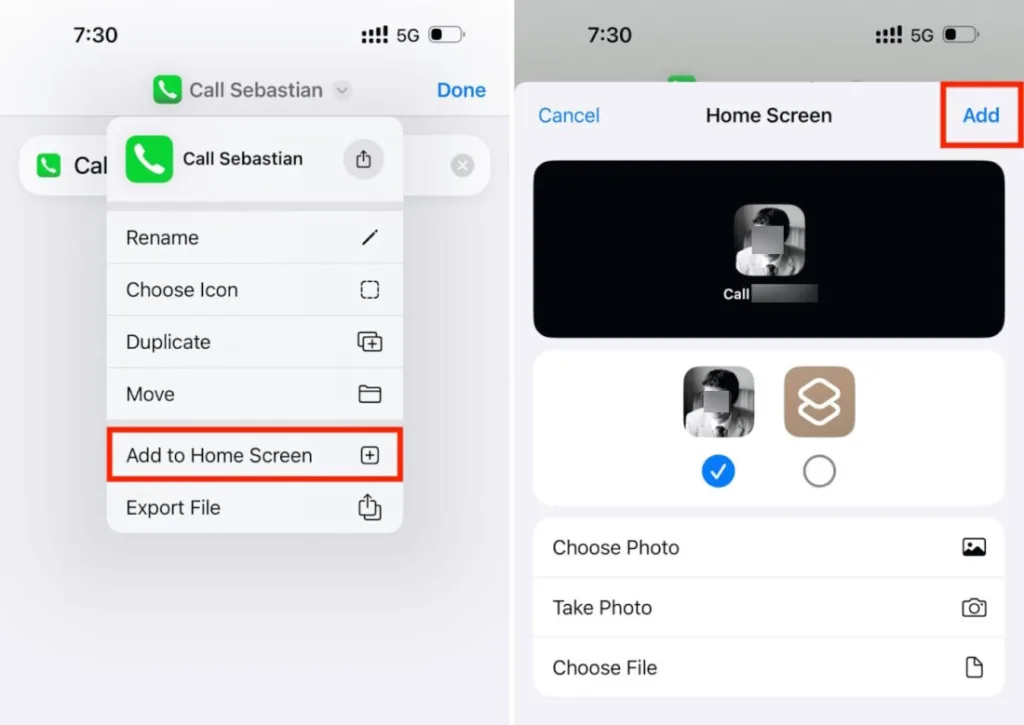 دکمه Add to Home Screen در آیفون جهت راهاندازی ویجت تماس سریع روی