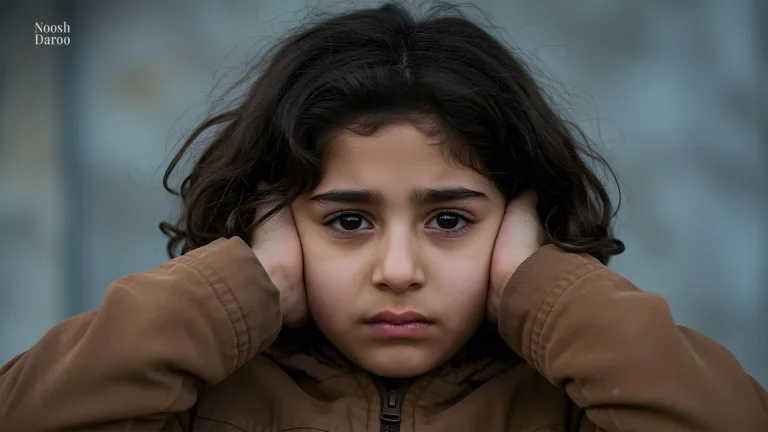 دختر بچه ای که دستهایش را روی گوشهایش قرار داده و در چهره‌اش اضطراب و نگرانی است.