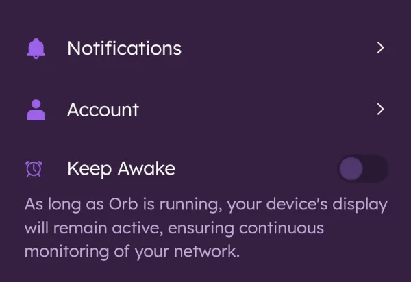 گزینهی به نام Keep Awake در Orb