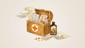 نمایی گرافیکی از جعبه کمک‌های اولیه همراه با لوگوی وب‌سایت نوشدارو