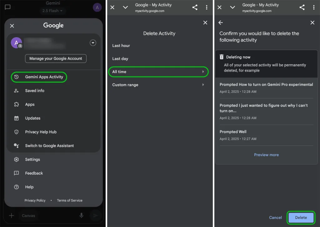 گزینه Gemini Apps Activity را انتخاب کنید و در قسمت delete Activity بازه زمانی دلخواه برای حذف اطلاعاتتان را انتخاب و پس از انDelete را انتخاب کنید.