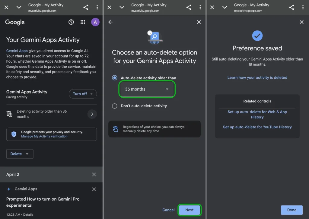 روی مرورگر وب، به صفحه MyActivity بروید. و مشخص کنید داده‌های ذخیره شده در قسمت Auto delete activity older than بعد از چه مدت حذف شوند.