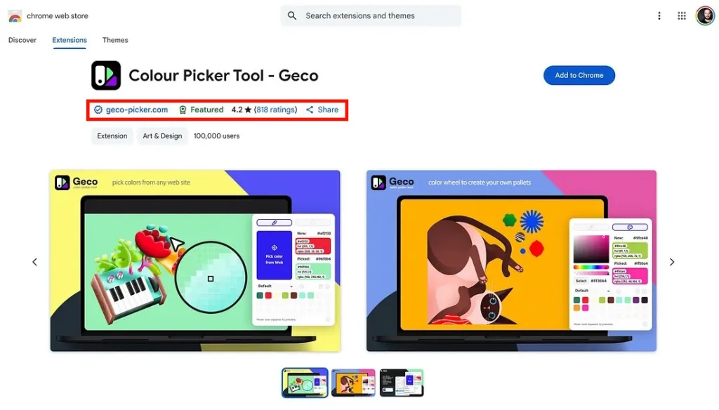 صفحه افزونه «Colour Picker Tool – Geco» در فروشگاه کروم را نشان می‌دهد. امتیاز آن ۴.۲ از ۵ با ۸۱۸ رأی و بیش از ۱۰۰ هزار کاربر دارد.