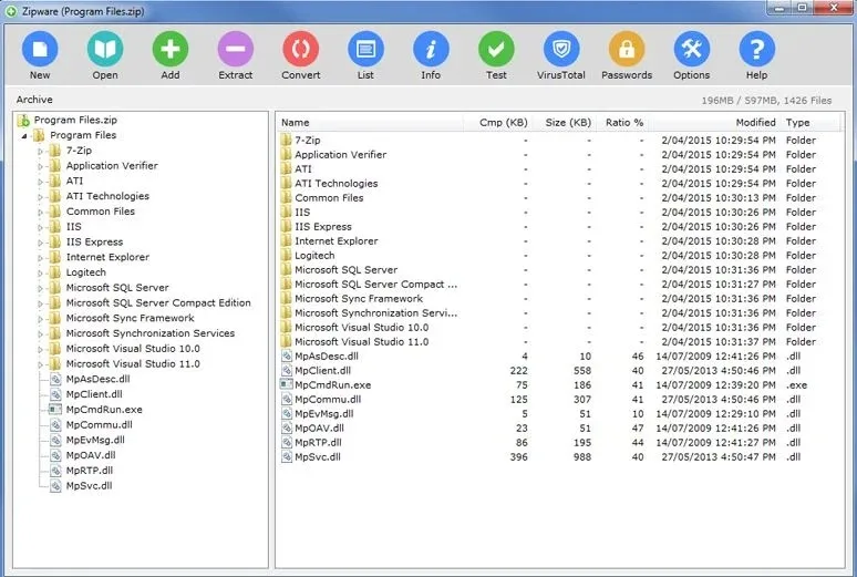 یک پنجره از برنامه Zipware است که محتوای یک فایل فشرده به نام Program Files.zip را نشان میدهد. در بالا دکمههایی برای استخراج، تست، رمزگذاری و سایر عملیات دیده میشود و لیست پوشهها و فایلها در دو پنل نمایش داده شدهاند.