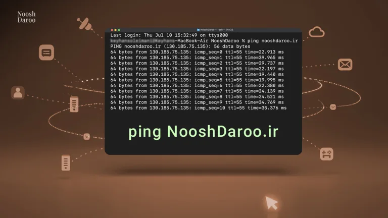 پنجره‌ی ترمینال که خروجی دستور ping nooshdaroo.ir و زمان پاسخ هر بسته را نشان می‌دهد