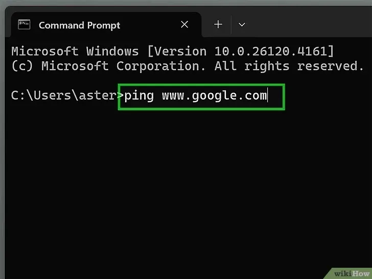 یک پنجره «Command Prompt» ویندوز باز شده و دستور ping www.google.com در آن تایپ شده است.
این دستور برای بررسی اتصال به سایت گوگل از طریق خط فرمان استفاده می‌شود.