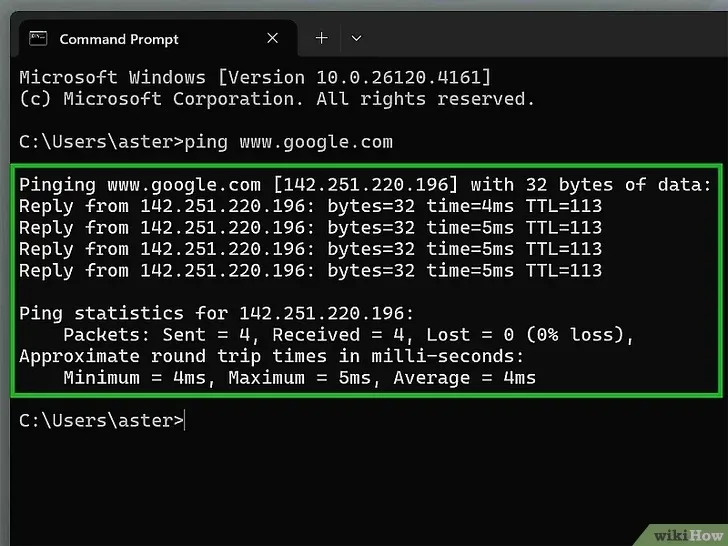 یک پنجره «Command Prompt» نمایش داده شده که نتیجه دستور ping www.google.com را نشان می‌دهد.
پاسخ‌ها حاکی از موفقیت در ارتباط با گوگل است، با زمان رفت‌وبرگشت حدود ۴ تا ۵ میلی‌ثانیه و بدون از دست رفتن بسته‌ها.