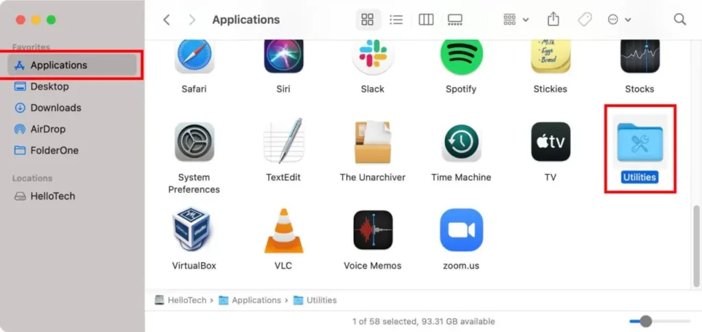 برای  اندازه‌گیری پینگ در سیستم‌عامل مک بایستی روی آیکون Finder در داک (Dock) کلیک کنید. در سایدبار سمت چپ گزینه Applications را انتخاب کنید. سپس روی پوشه Utilities کلیک کنید. 