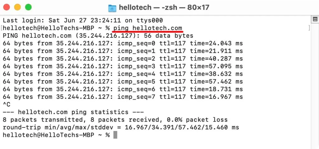 یک ترمینال در مک‌اواس باز شده که دستور ping hellotech.com در آن اجرا شده است.
نتیجه نشان می‌دهد که ۸ بسته با موفقیت ارسال و دریافت شده‌اند، بدون هیچ‌گونه از دست دادن بسته، با زمان‌های رفت‌وبرگشت متغیر.