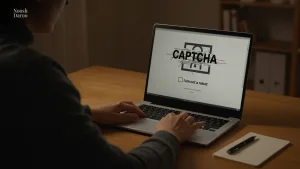 کپچا (CAPTCHA) روی صفحه نمایش ظاهر شده است. متن “I am not a robo” (من ربات نیستم) نیز در پایین دیده می‌شود،