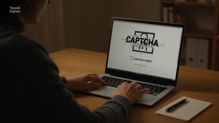 کپچا (CAPTCHA) روی صفحه نمایش ظاهر شده است. متن “I am not a robo” (من ربات نیستم) نیز در پایین دیده می‌شود،