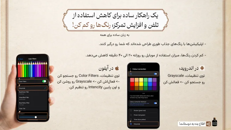 راهنمای تصویری فعال‌کردن حالت سیاه‌وسفید (Grayscale) در تنظیمات آیفون و اندروید برای کم‌کردن جذابیت گوشی