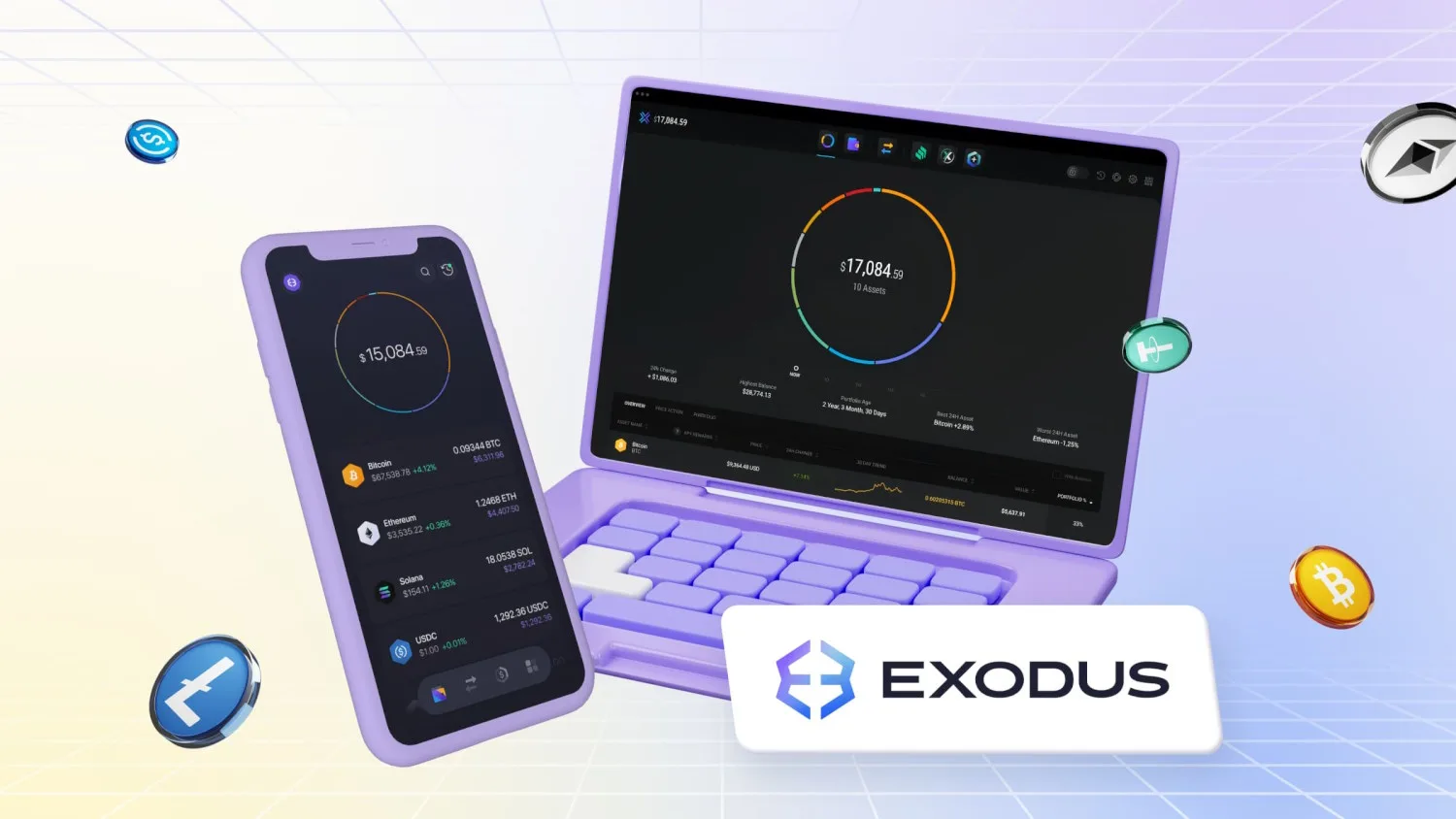 یک گوشی موبایل و یک لپتاپ را نشان میدهد که رابط کاربری کیف پول دیجیتال Exodus روی آنها باز است.در اطراف تصویر نماد ارزهای دیجیتال مختلف مثل بیتکوین، اتریوم و تتر دیده میشود.