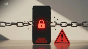 یک گوشی هوشمند در مرکز تصویر قرار دارد که روی صفحه آن نماد قفل قرمز دیده می‌شود. زنجیرهای اطراف گوشی در حال شکستن هستند و یک علامت هشدار قرمز در کنار آن قرار دارد که نشان‌دهنده خطر نفوذ یا آسیب امنیتی است.