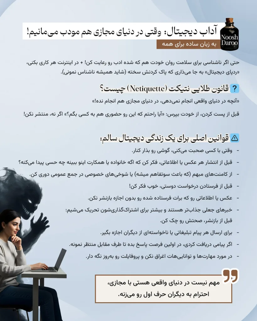 پوستر درباره آداب دیجیتال و نکات مربوط به رفتار مودبانه و ایمن در فضای مجازی است. توضیحاتی شامل قوانین طلایی “نتیکت” و اصول زندگی دیجیتال سالم ارائه شده است که به کاربر یادآوری میکند پیش از اشتراکگذاری محتوا یا اطلاعات، خوب فکر کند و حریم خصوصی دیگران را رعایت کند.