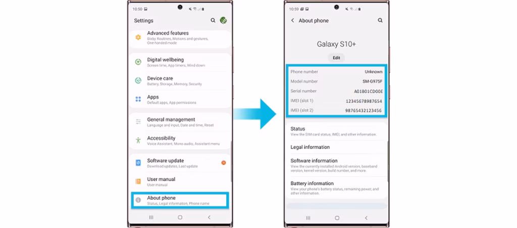 دو صفحه از تنظیمات گوشی سامسونگ که در سمت چپ منوی تنظیمات نمایش داده شده و گزینه “About phone” (درباره تلفن) مشخص شده است. در سمت راست اطلاعات گوشی مانند مدل، شماره سریال و کدهای IMEI پس از انتخاب این گزینه به نمایش درآمدهاند.