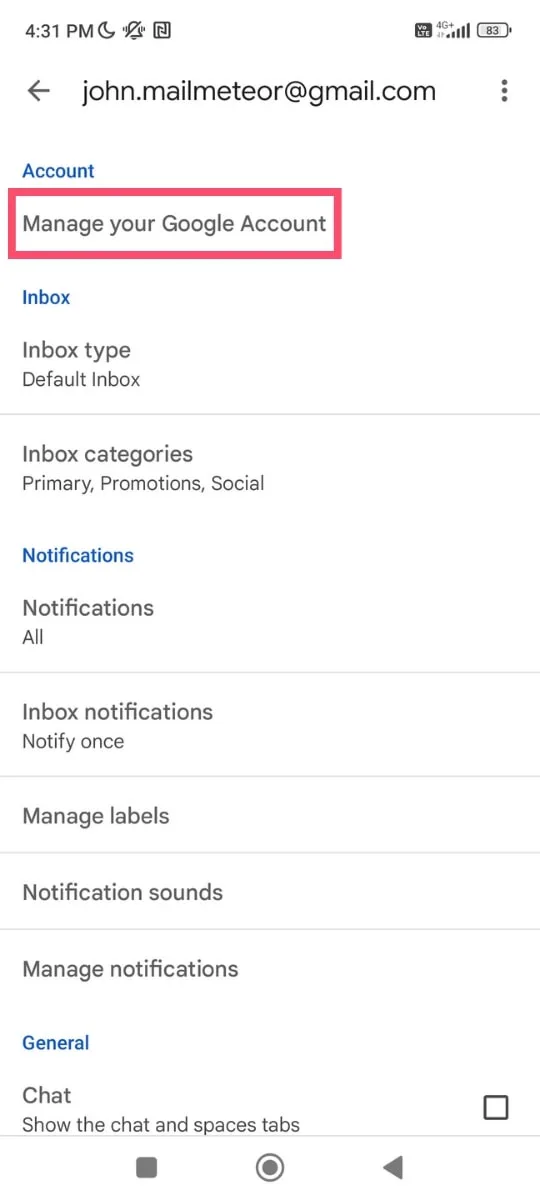 صفحه تنظیمات یک حساب کاربری Gmail را نشان میدهد که گزینههایی مانند مدیریت حساب Google، نوع صندوق ورودی و دستهبندی ایمیلها را نمایش میدهد. گزینههای مربوط به اعلانها، برچسبها و صداهای اعلان نیز در پایین صفحه دیده میشود.