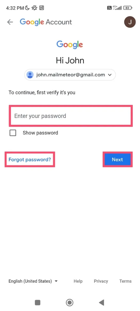 صفحه ورود به حساب گوگل است که از کاربر خواسته شده رمز عبور خود را وارد کند. گزینههای “فراموشی رمز عبور” و دکمه آبی “Next” در پایین تصویر دیده میشوند.