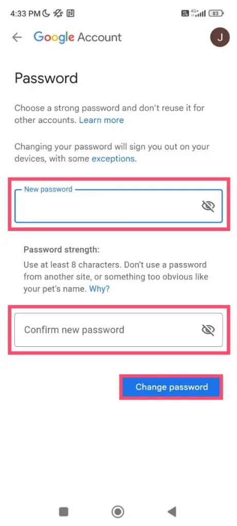 صفحه تغییر رمز عبور حساب Google را نشان میدهد که شامل دو کادر برای وارد کردن رمز جدید و تأیید آن است. در پایین صفحه، یک دکمه آبی با متن “Change password” برای ثبت تغییرات دیده میشود.