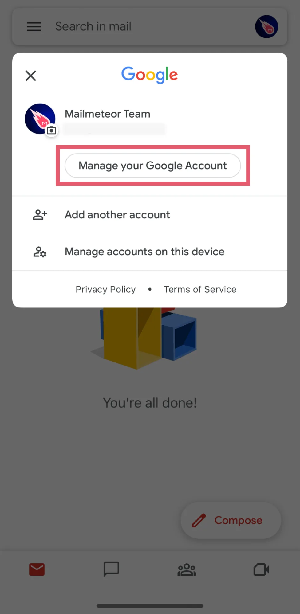 تصویر پنجرهای از حساب Google را نشان میدهد که در بالای آن نام و تصویر حساب “Mailmeteor Team” قابل مشاهده است. دکمه “Manage your Google Account” با یک کادر قرمز مشخص شده و گزینههای “Add another account” و “Manage accounts on this device” در زیر آن قرار دارند.