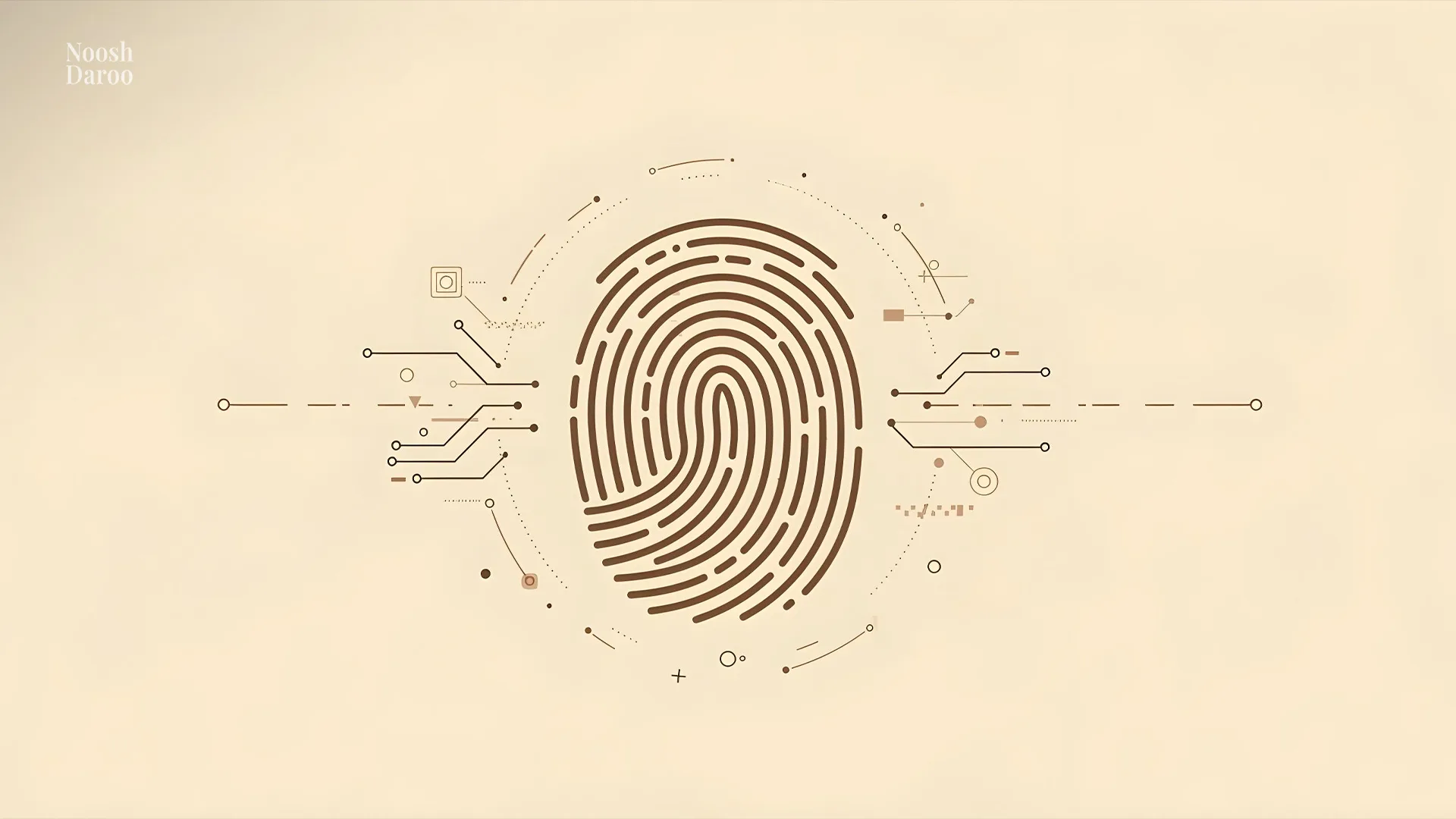 یک اثر گرافیکی از اثر انگشت بزرگ را نشان میدهد که با خطوط و نمادهای دیجیتالی در اطراف آن احاطه شده است. طراحی کلی به مفهوم فناوری و ارتباطات هوشمند مرتبط با هویت فردی اشاره دارد.