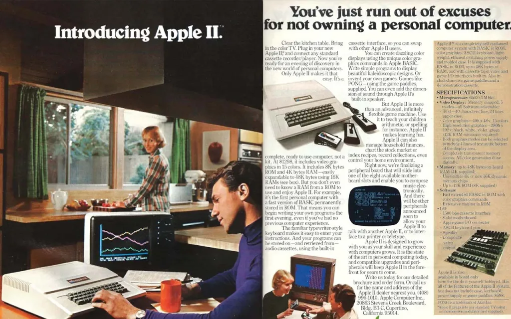 یک تبلیغ برای کامپیوتر Apple II را نشان می‌دهد که در سمت چپ، دستگاه همراه با مانیتوری که نمودارهای رنگی روی آن نمایش داده شده، روی میز آشپزخانه قرار گرفته است. سمت راست تصویر شامل متن توضیحات و مشخصات فنی کامپیوتر است که امکانات و ویژگی‌های آن را معرفی می‌کند.





