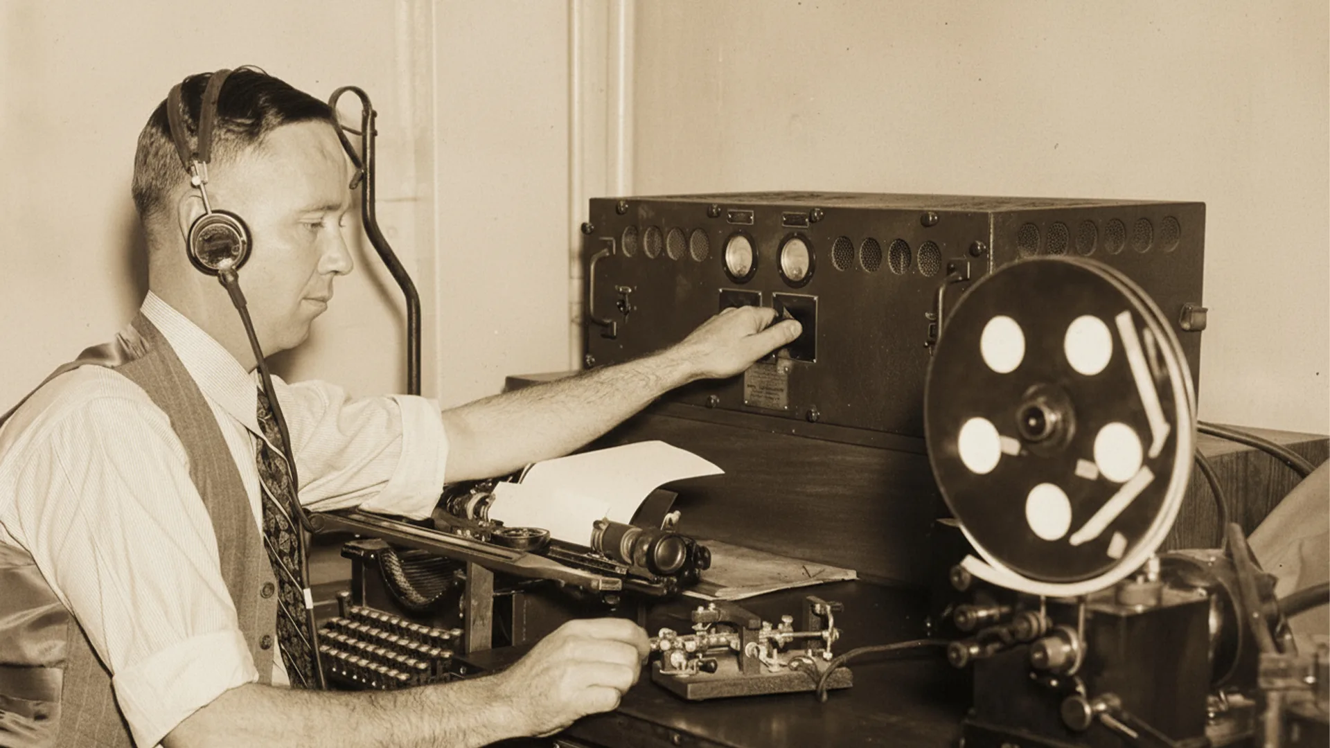 یک مرد را نشان میدهد که در حال کار با یک دستگاه مخابراتی قدیمی است و هدفون به گوش دارد. روی میز، تجهیزات مختلفی مانند ماشین تایپ، تلگراف و یک دستگاه ضبط فیلم با قرقره بزرگ دیده میشوند.