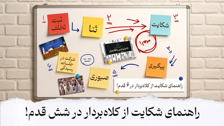 یک تخته وایت‌برد را نشان می‌دهد که مراحل شکایت از کلاهبردار در ۶ قدم با یادداشت‌های رنگی و تصاویر توضیح داده شده است. در پایین تخته، عنوان “راهنمای شکایت از کلاهبردار در شش قدم!” نوشته شده و تصاویر مرتبط با دادگاه و افراد حاضر در جلسه دیده می‌شود.