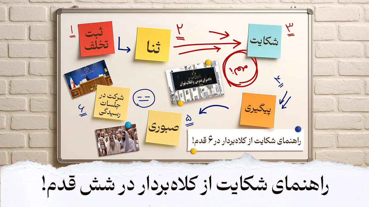 یک تخته وایت‌برد را نشان می‌دهد که مراحل شکایت از کلاهبردار در ۶ قدم با یادداشت‌های رنگی و تصاویر توضیح داده شده است. در پایین تخته، عنوان “راهنمای شکایت از کلاهبردار در شش قدم!” نوشته شده و تصاویر مرتبط با دادگاه و افراد حاضر در جلسه دیده می‌شود.