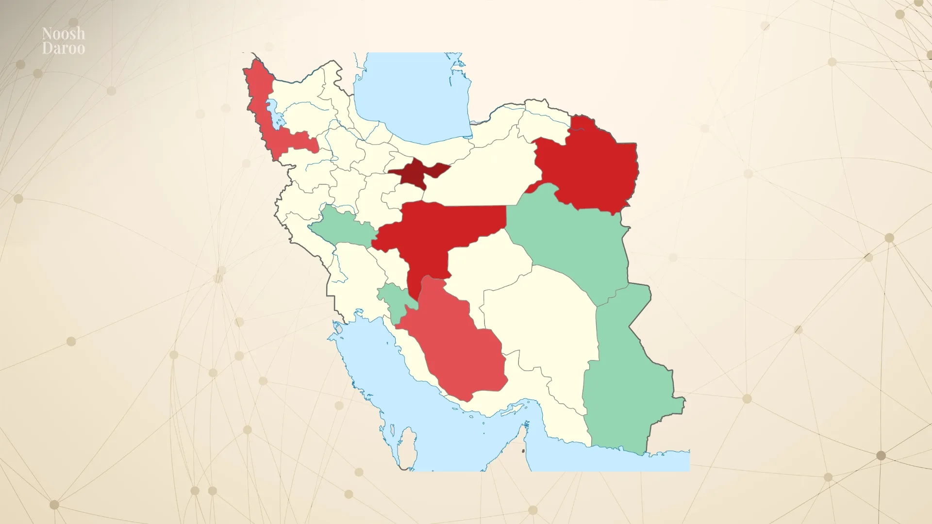 نقشه‌ای از ایران را نشان می‌دهد که برخی استان‌ها به رنگ‌های مختلف مشخص شده‌اند؛ استان‌های قرمز رنگ نمایانگر مکان‌هایی هستند که بیشترین کلاهبرداری در آنها رخ می‌دهد.