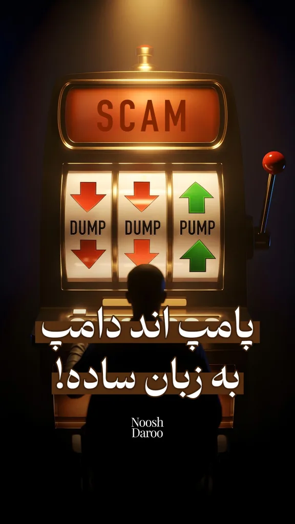 یک دستگاه اسلات را نشان می‌دهد که بر روی آن کلمه “SCAM” (کلاهبرداری) درج شده و در بخش‌های پایین‌تر، عبارت‌های “DUMP” با فلش قرمز رو به پایین و “PUMP” با فلش سبز رو به بالا قرار دارند. در جلوی دستگاه، سایه یک فرد دیده می‌شود و متن فارسی “پامپ اند دامپ به زبان ساده!” به‌صورت برجسته در پایین تصویر نوشته شده است.