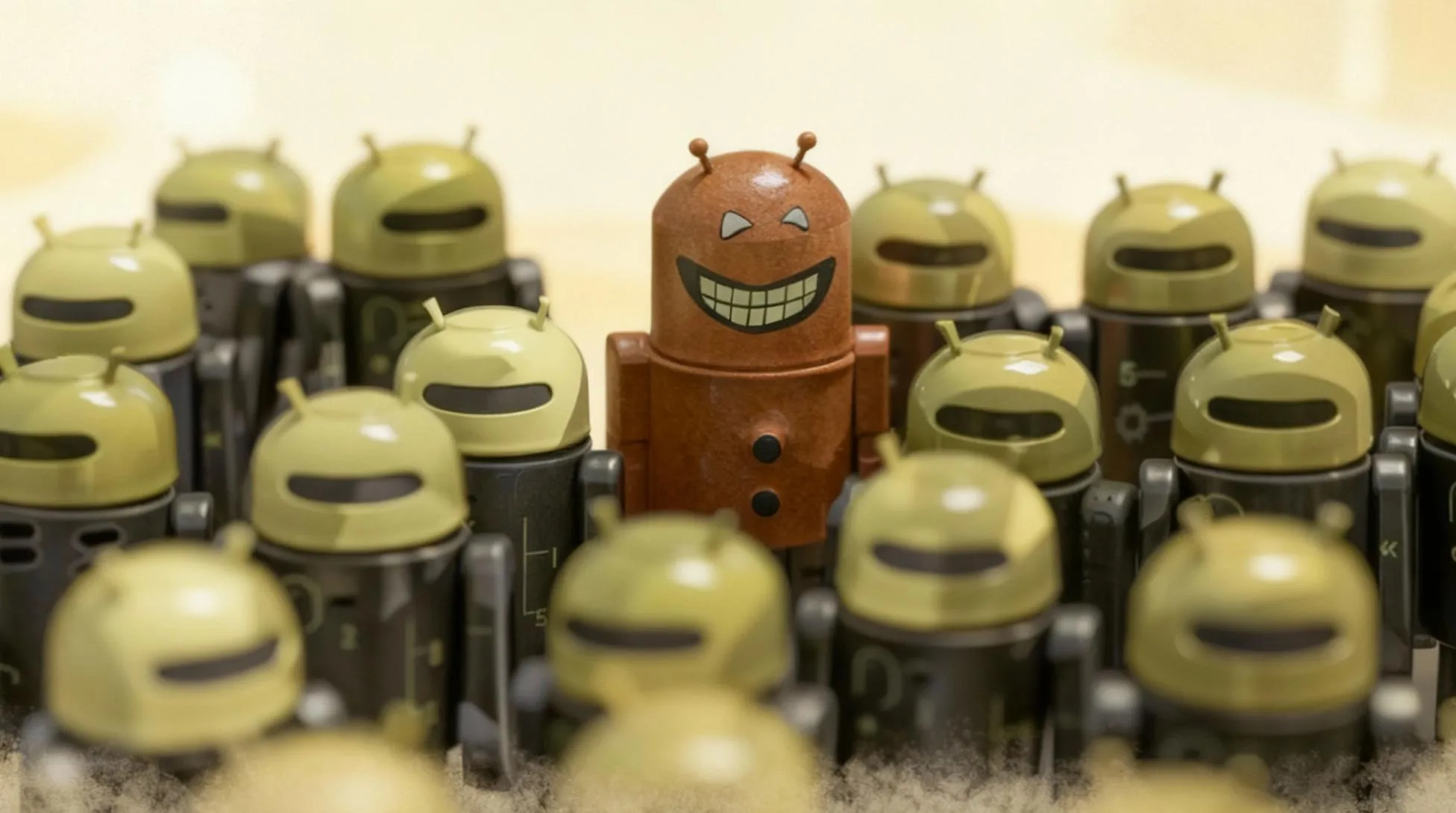 تصویر گروهی از ربات‌های کوچک با طراحی شبیه لوگوی اندروید را نشان می‌دهد که همه به رنگ سبز هستند، به جز یکی که قهوه‌ای است و لبخندی شیطانی دارد. ربات قهوه‌ای در مرکز تصویر قرار گرفته و با ظاهر متفاوتش از بقیه متمایز شده است.