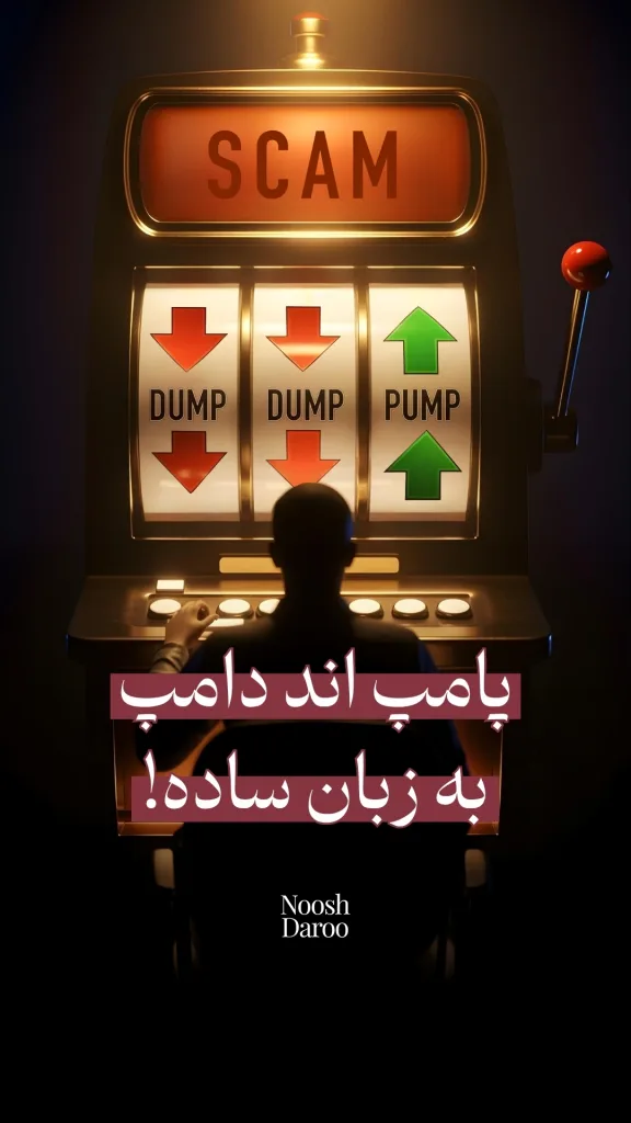 یک دستگاه اسلات را نشان می‌دهد که بر روی آن کلمه “SCAM” (کلاهبرداری) درج شده و در بخش‌های پایین‌تر، عبارت‌های “DUMP” با فلش قرمز رو به پایین و “PUMP” با فلش سبز رو به بالا قرار دارند. در جلوی دستگاه، سایه یک فرد دیده می‌شود و متن فارسی “پامپ اند دامپ به زبان ساده!” به‌صورت برجسته در پایین تصویر نوشته شده است.