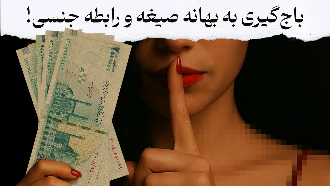 تصویر تعدادی اسکناس دویست هزار تومانی را نشان می‌دهد که در دست یک خانم است که رنگ لاک ناخن او قرمز است. در بالای تصویر جمله‌ای با مضمون «باج گیری و رابطه جنسی!» نوشته شده است.