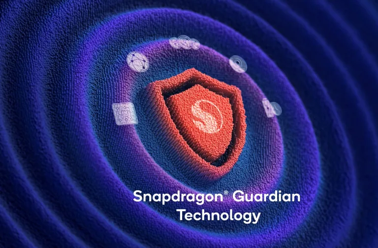 یک سپر قرمز با لوگوی Snapdragon در مرکز دیده می‌شود که توسط امواج دایره‌ای آبی احاطه شده است و حس امنیت و محافظت را منتقل می‌کند. اطراف سپر نمادهای کوچکی مانند لنز دوربین، مدار الکترونیکی و کره زمین وجود دارد که به فناوری‌های مرتبط اشاره دارند و در پایین تصویر عبارت «Snapdragon Guardian Technology» نوشته شده است.