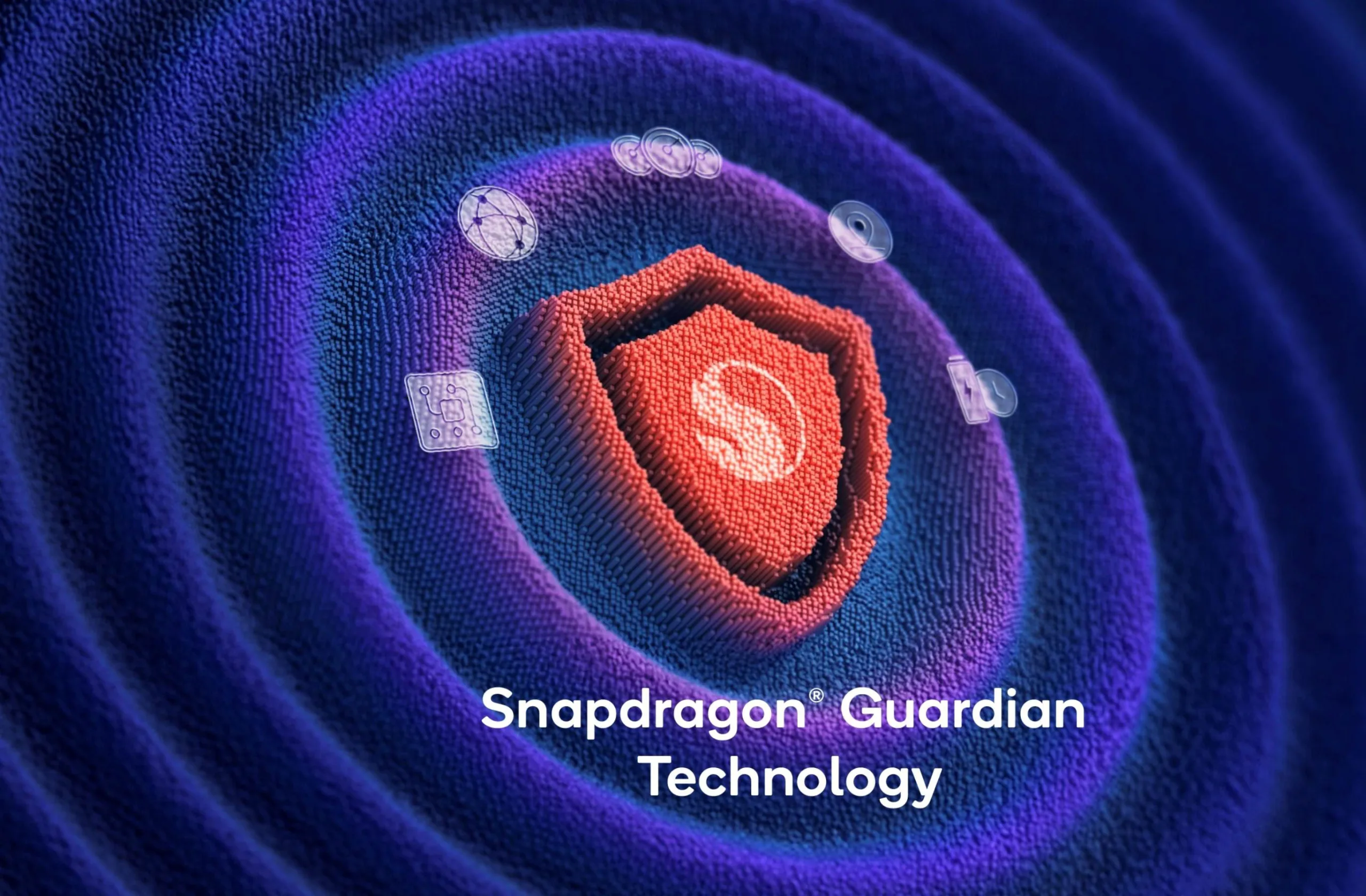 یک سپر قرمز با لوگوی Snapdragon در مرکز دیده می‌شود که توسط امواج دایره‌ای آبی احاطه شده است و حس امنیت و محافظت را منتقل می‌کند. اطراف سپر نمادهای کوچکی مانند لنز دوربین، مدار الکترونیکی و کره زمین وجود دارد که به فناوری‌های مرتبط اشاره دارند و در پایین تصویر عبارت «Snapdragon Guardian Technology» نوشته شده است.