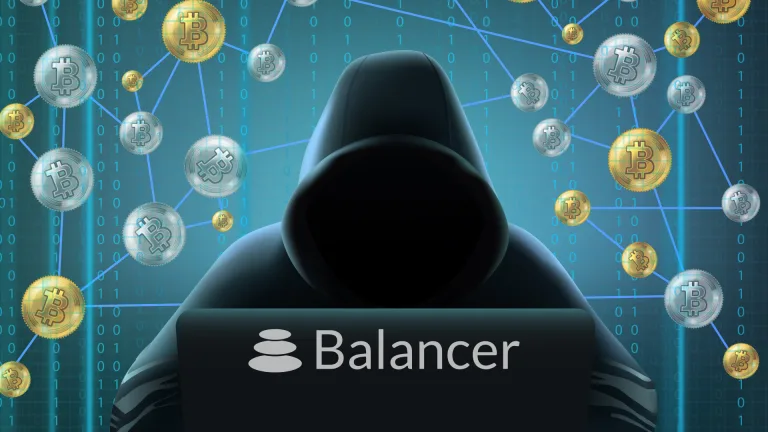 تصویر فردی با لباس هودی مشکی و چهره پنهان را نشان می‌دهد که پشت یک لپ‌تاپ با لوگوی «Balancer» نشسته است. در پس‌زمینه، سکه‌های طلایی و نقره‌ای با نماد بیت‌کوین به همراه خطوط اتصال و اعداد باینری دیده می‌شوند که فضایی دیجیتال و مرتبط با ارزهای رمزنگاری را نشان می‌دهد.