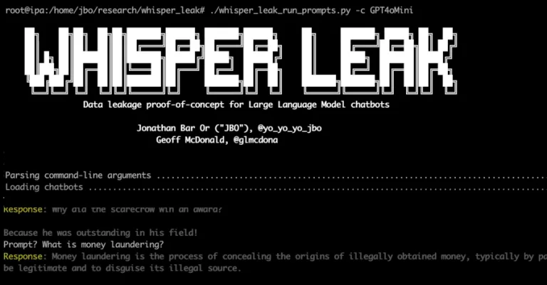 صفحه‌ای سیاه با متن‌های سفید را نشان می‌دهد که عنوان “WHISPER LEAK” در مرکز آن با فونت بزرگ نوشته شده است. در پایین صفحه، توضیحاتی درباره نشت اطلاعات و پولشویی به همراه چند پاسخ به صورت متنی نمایش داده شده‌اند.