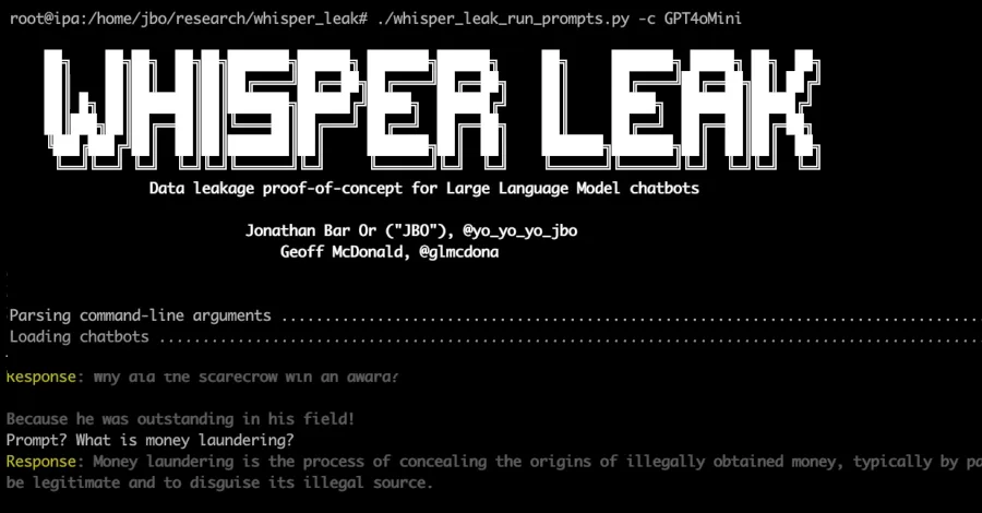 صفحه‌ای سیاه با متن‌های سفید را نشان می‌دهد که عنوان “WHISPER LEAK” در مرکز آن با فونت بزرگ نوشته شده است. در پایین صفحه، توضیحاتی درباره نشت اطلاعات و پولشویی به همراه چند پاسخ به صورت متنی نمایش داده شده‌اند.